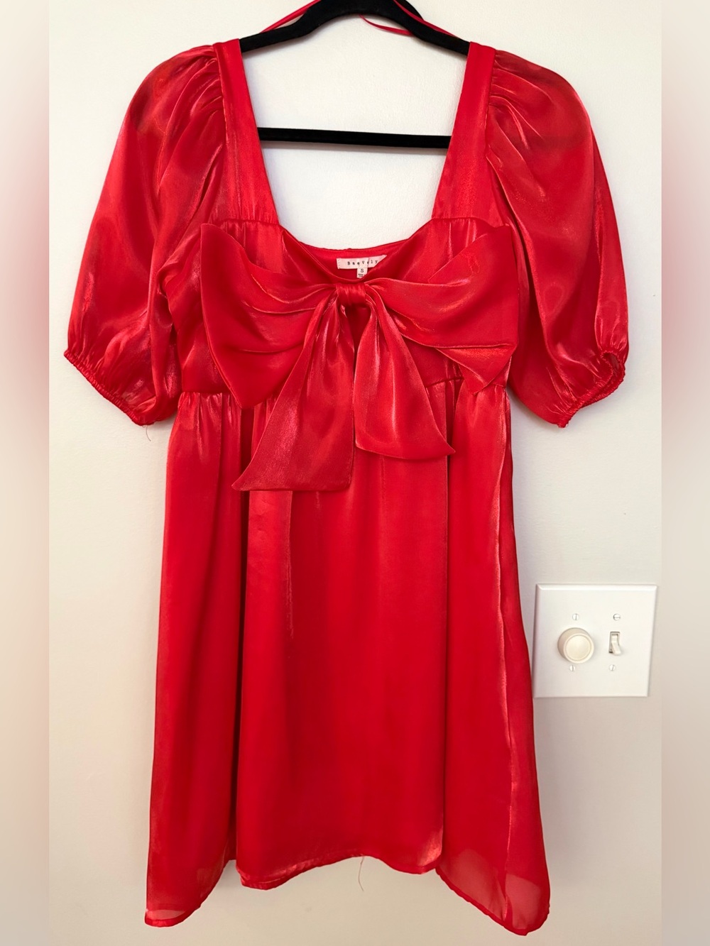 Red Satin Bow-Front Puff Sleeve Dress by BaeVely